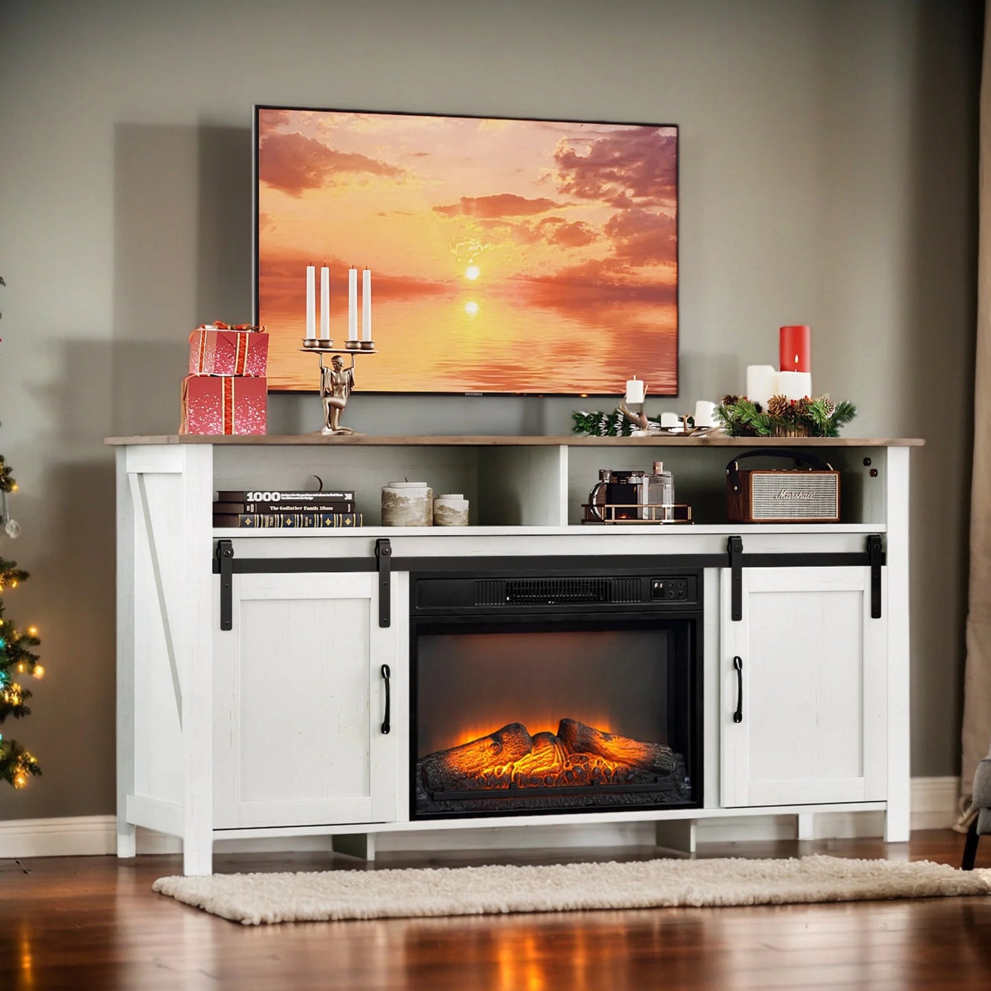 TV Stand with Fireplace, 58" Electric Fireplace Heater TV Stand for 65" TVs, Wood Fake Fireplace Heater, Electric Fireplace Entertainment Center, Wood Color, TE2207