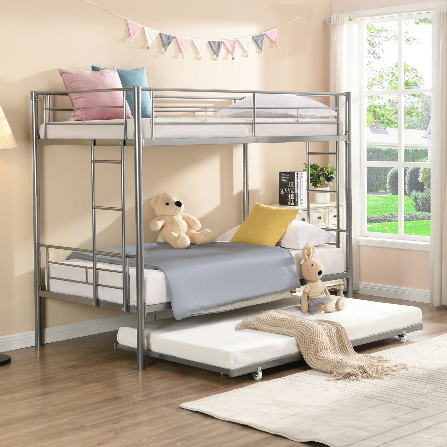 Twin Bunk Bed with Trundle, Metal Bed Frame Bunk Beds for Kids Teens Adult with Ladder and Safety Guardrails, Twin Over Twin Bunk Bed Can be Split into 3 Twin Bed, TE736