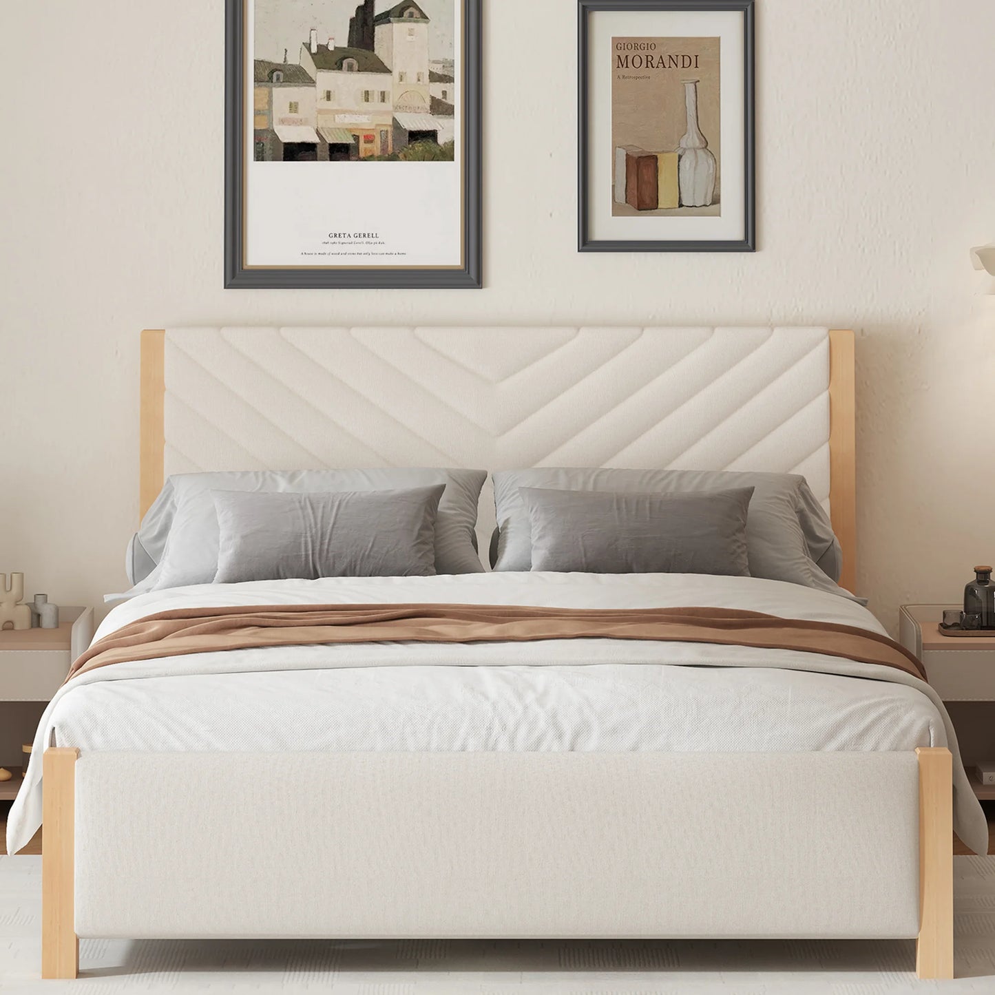 UHOMEPRO Beige Platform Bed Frame, Queen Bed Frame with Tufted Headboard and Solid Wood Legs, No Box Spring Needed, Easy Assembly