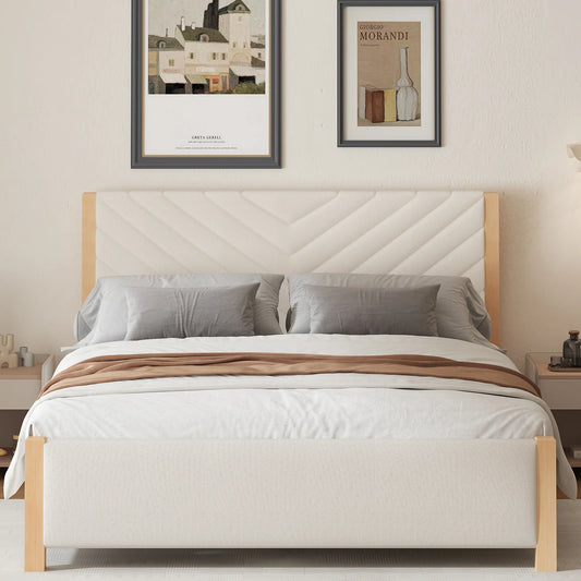 UHOMEPRO Beige Platform Bed Frame, Queen Bed Frame with Tufted Headboard and Solid Wood Legs, No Box Spring Needed, Easy Assembly