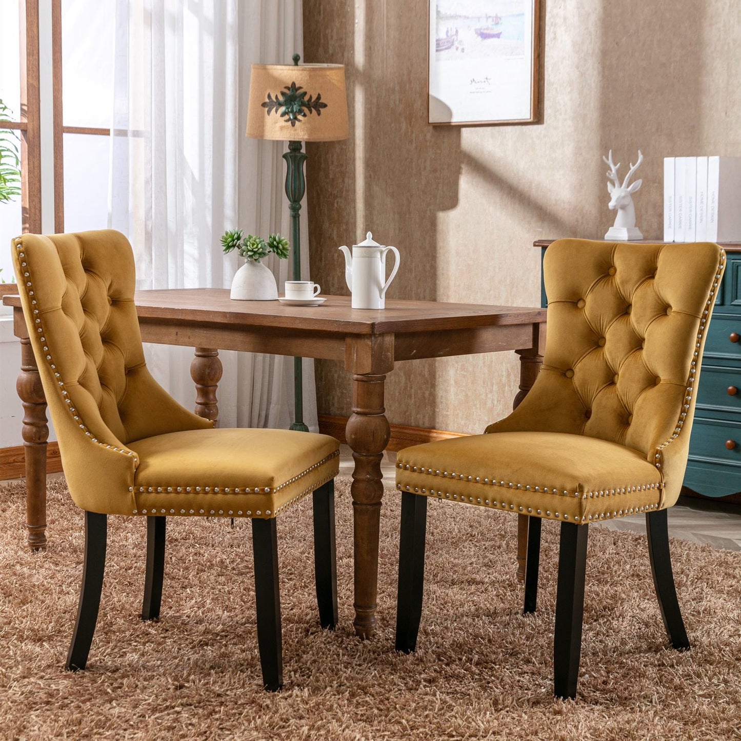 UHOMEPRO Dining Room Chairs Set of 2, Tufted Velvet Upholstered Dining Chair with Nailhead Trim and Solid Wood Legs, Accent Side Chair for Bedroom, Living Room, Beige
