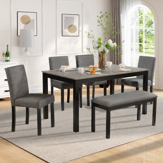 UHOMEPRO Dining Table Set for 6, Farmhouse Dining Room Table Set with Bench and Upholstered Chairs, 6 Piece Solid Wood Kitchen Table Sets with Chairs, Rustic Kitchen Furniture Set for 6, Black+Gray