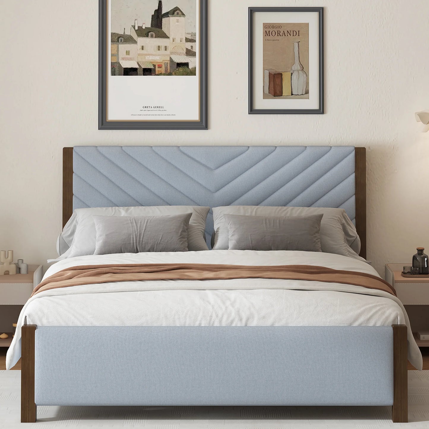 UHOMEPRO Beige Platform Bed Frame, Queen Bed Frame with Tufted Headboard and Solid Wood Legs, No Box Spring Needed, Easy Assembly