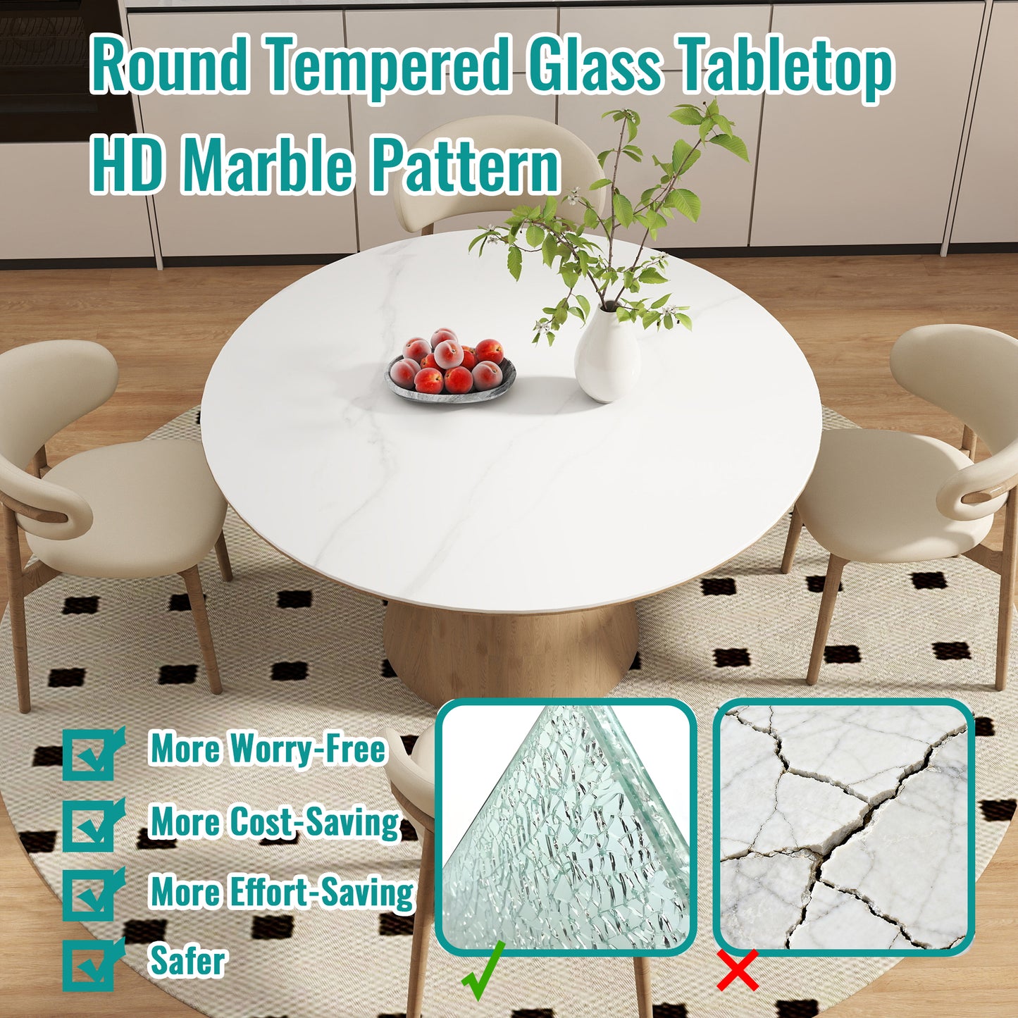 SESSLIFE 30" Round Tempered Glass Table Top with Marble Design, Premium Strong Load Bearing, Heat Resistant Glass Table Top Replacement for Dining Table, Coffee Table, Patio