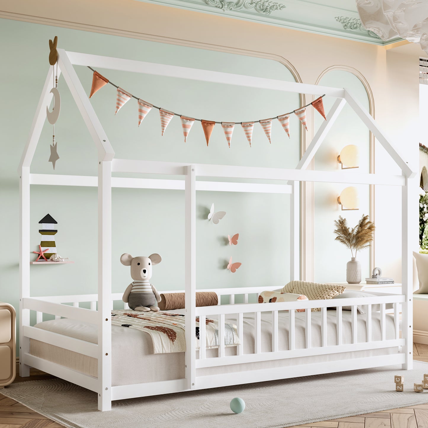 SESSLIFE Twin Bed Frame with House Roof Design, Wooden Floor Bed with Fence Guardrails, Pine Platform Bed for Bedroom, Montessori Style, Natural Finish