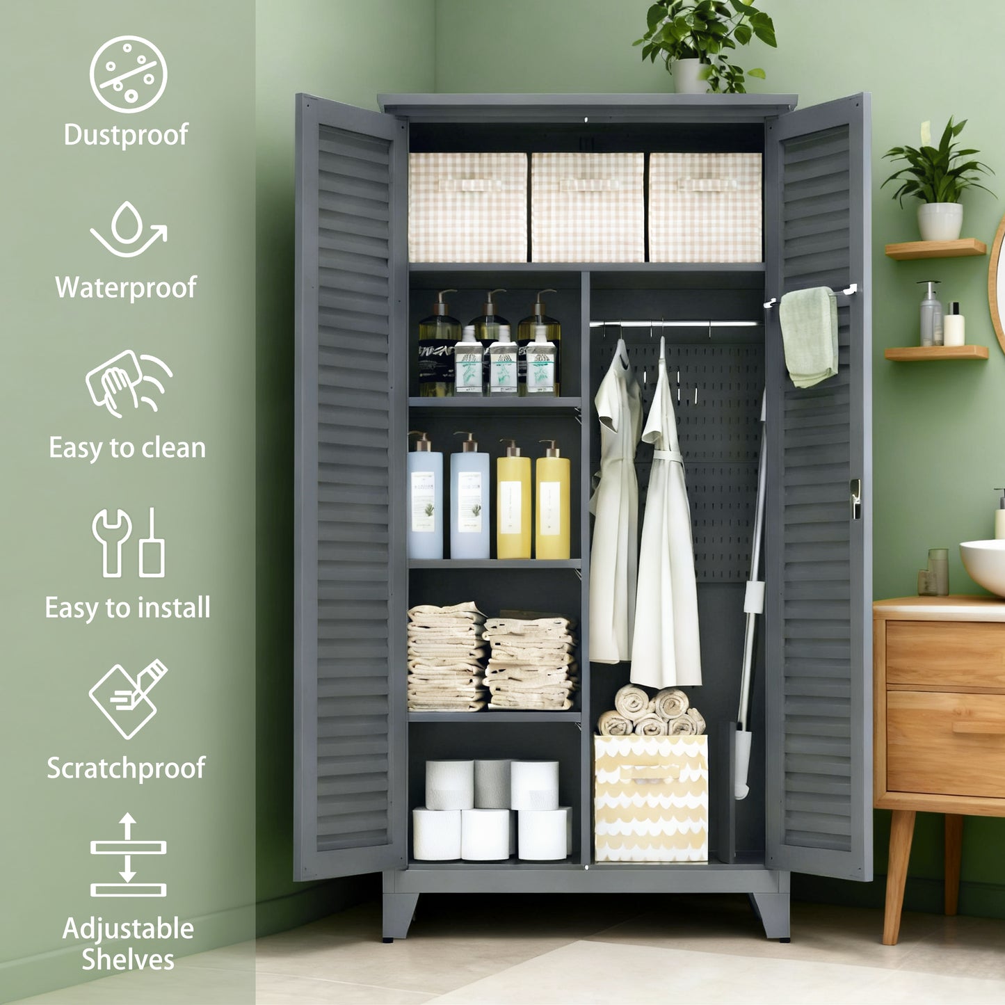 73" Tall Storage Cabinet 73", SESSLIFE Heavy-Duty Metal Cabinet with Adjustable Shelves, Freestanding Utility Cabinet with Doors for Garage, Kitchen, Office, Slate Steel