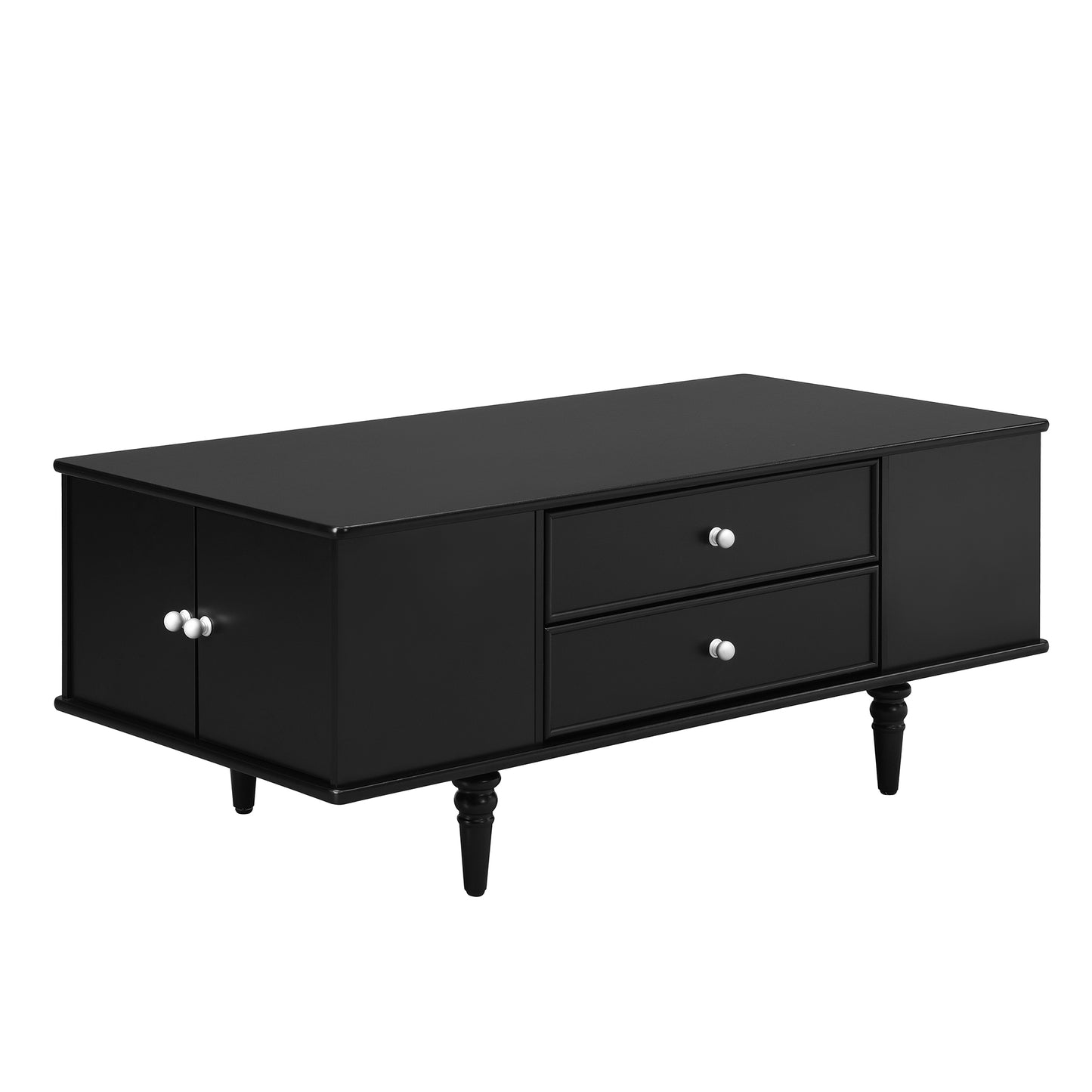 SESSLIFE Modern Coffee Table with 4 Drawers and Hidden Storage, Sturdy MDF Top with Solid Wood Legs, 47.2 Inch Large Rectangle Living Room Table in Black