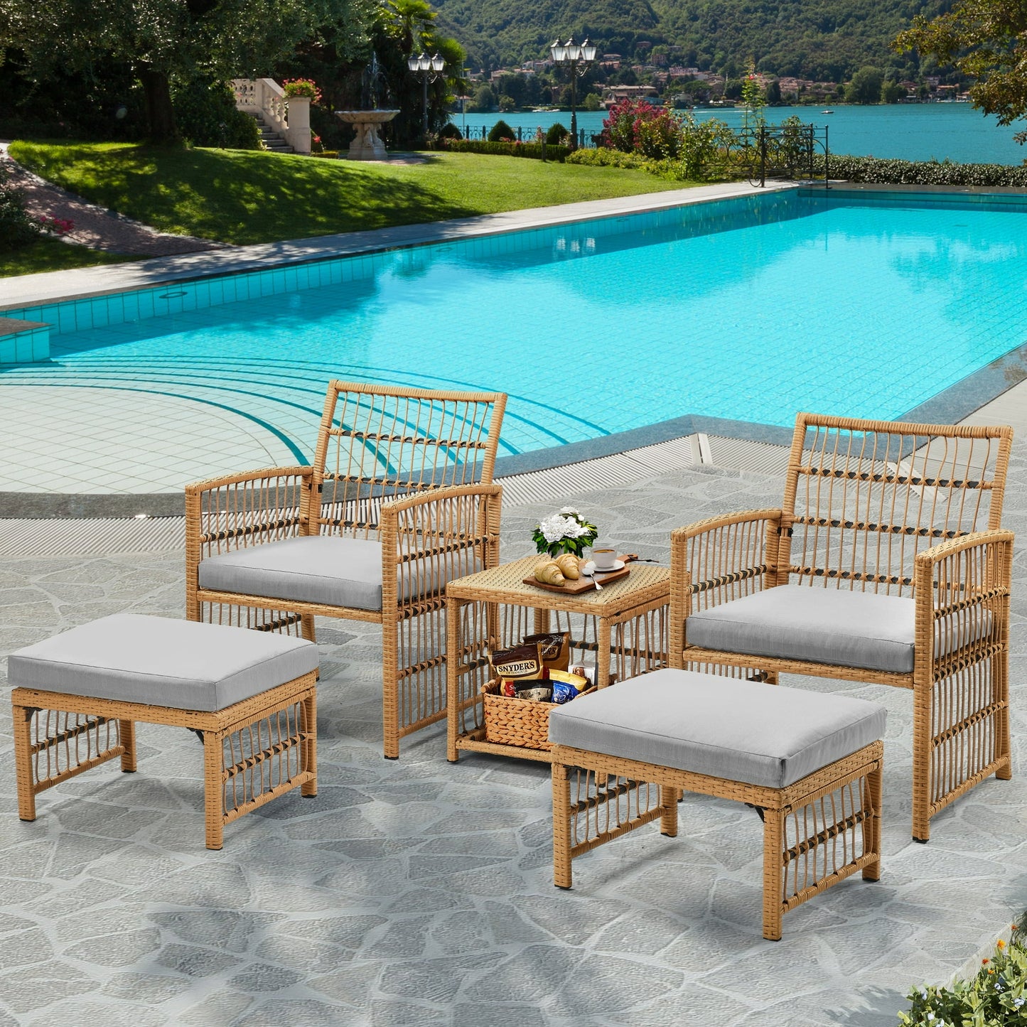 Wicker Patio Conversation Set, 4 Pcs Outdoor Sofa Set with Ottomans, Tea Coffee Table and Furniture Cover, All Weather Front Porch Deck Balcony Furniture, JA3301