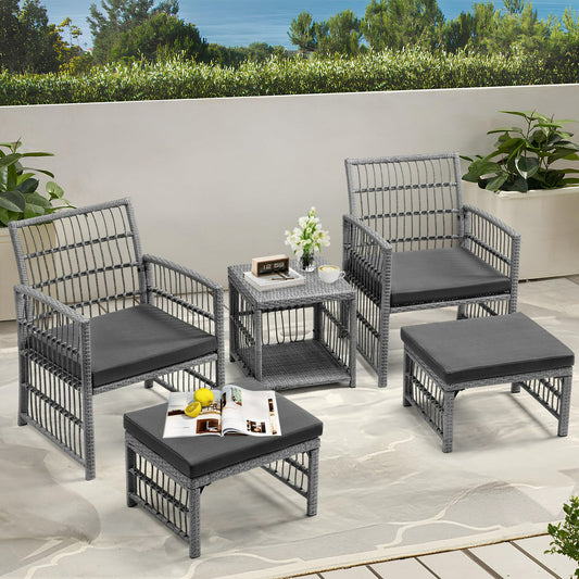 Wicker Patio Conversation Set, 5 Pcs Outdoor Sofa Set with Ottomans and Coffee Table, All-Weather Outdoor Furniture for Backyard Front Porch Deck Balcony, Brown Rattan+Gray Cushion