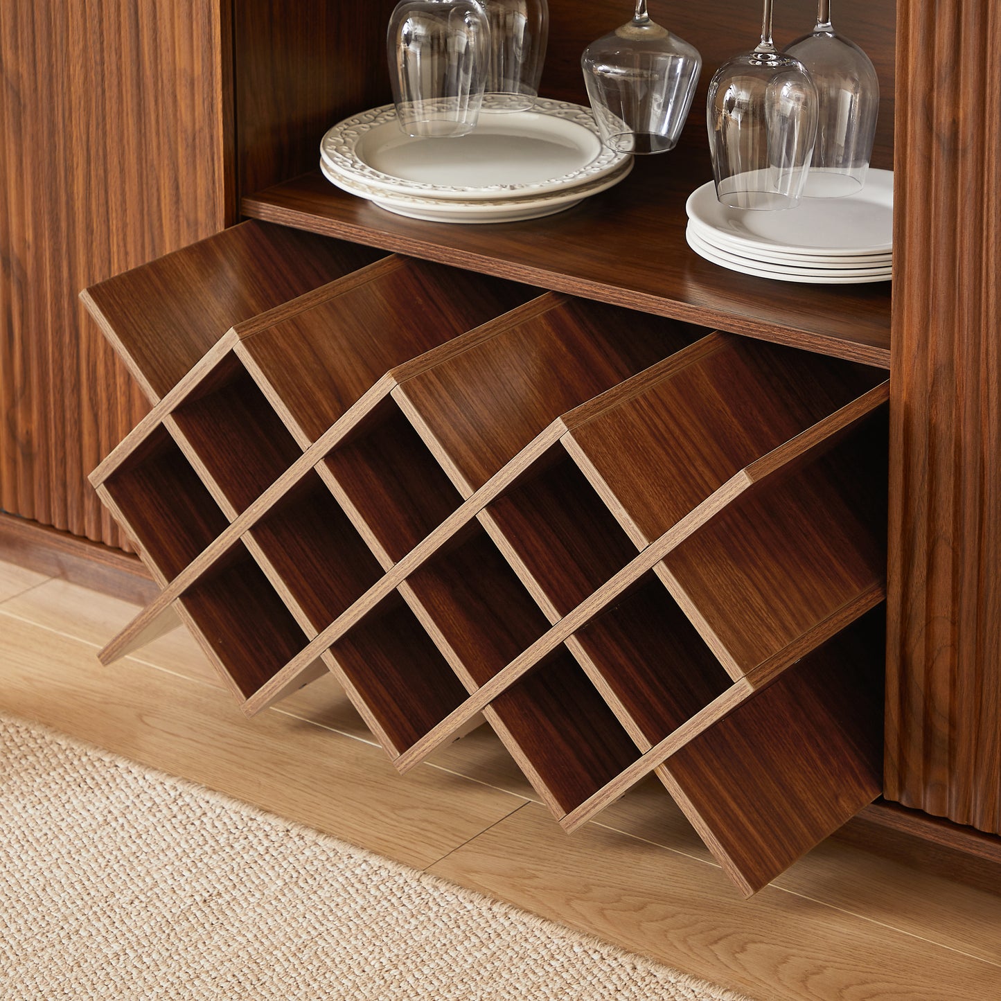 SESSLIFE 58" Modern Sideboard Cabinet with Wavy Curved Doors, Walnut Buffet Cabinet with Wine Rack Glass Holder and Adjustable Shelves, Coffee Bar Storage for Kitchen Dining Room