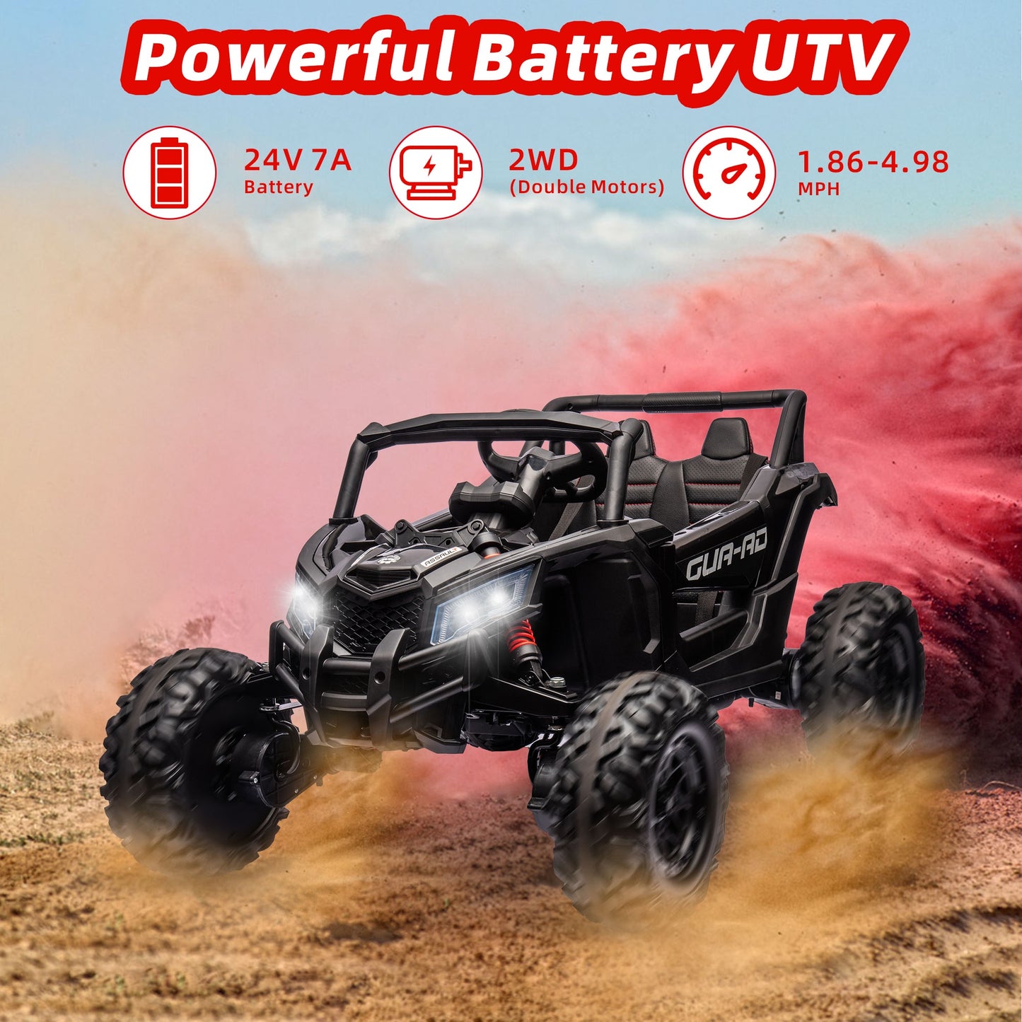 24V Ride on UTV for Kids, Battery Powered Ride on Car with Parental Remote control, Music Player, 4 Wheel Shock Spring, 3 Point Safety Belt, Ride on Toy for Boys and Girls 3 4 5 6 Years Olds, Black