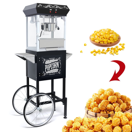 Yardmaster Vintage Popcorn Maker Machine with Cart, 8 Oz Kettle, 4-5Miuntue Popping, Home Cinema and Entertainment Experience, As a Gift for Popcorn Lovers, Easy of Use and Clean, Black