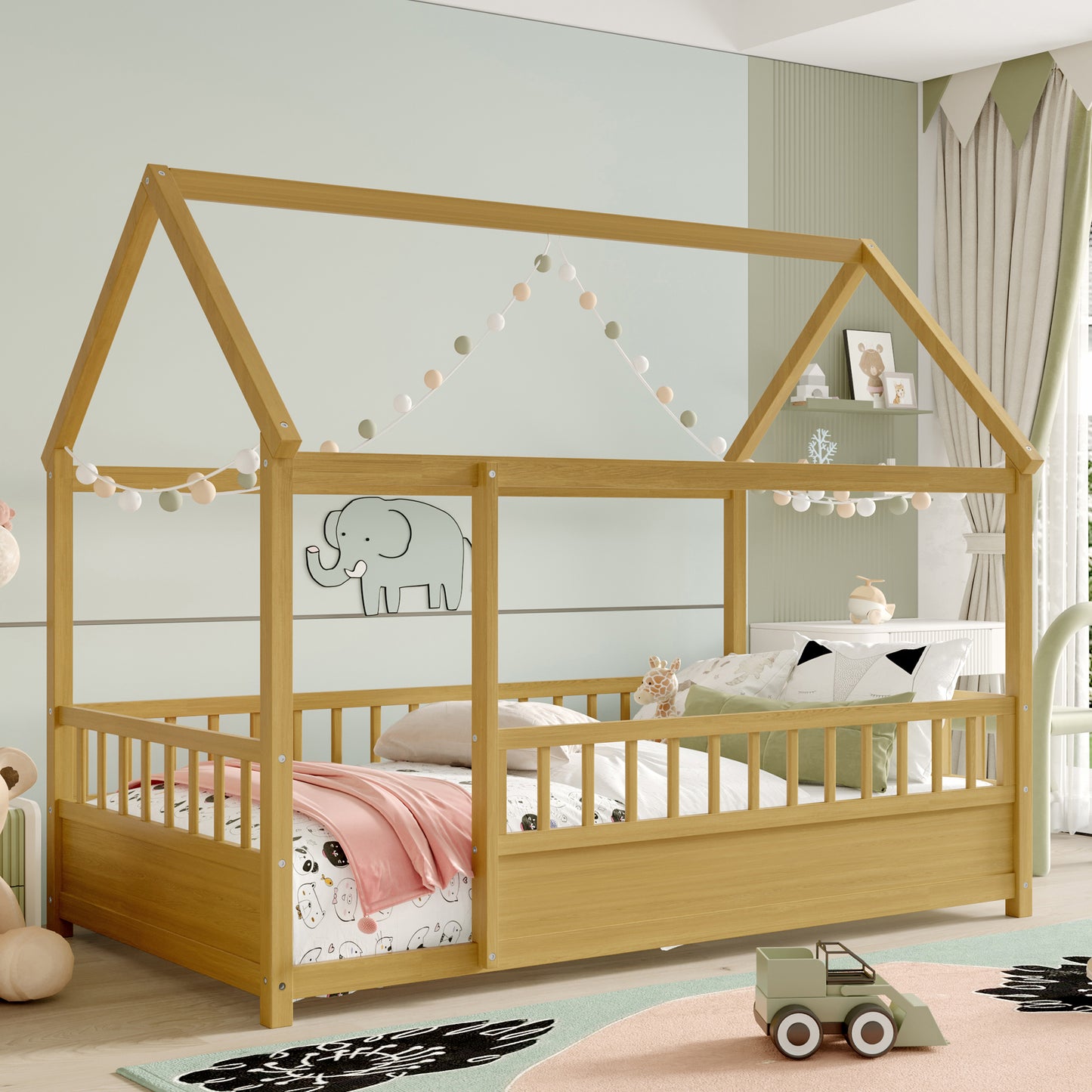 SESSLIFE Twin Bed Frame with House Roof Design, Wooden Floor Bed with Fence Guardrails, Pine Platform Bed for Bedroom, Montessori Style, Natural Finish
