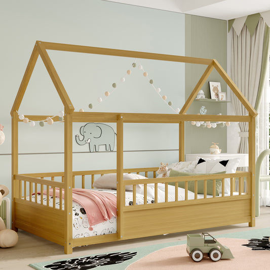 SESSLIFE Twin Bed Frame with House Roof Design, Wooden Floor Bed with Fence Guardrails, Pine Platform Bed for Bedroom, Montessori Style, Natural Finish