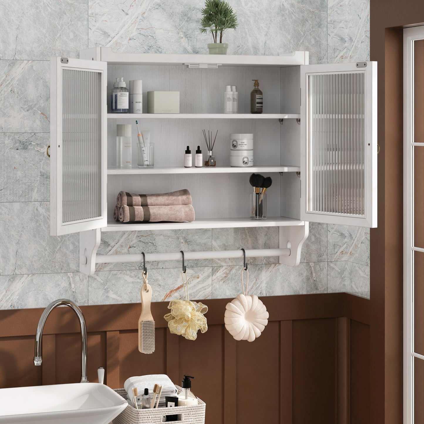 SESSLIFE 3-Tier Wall-Mounted with Fluted Glass Doors, 24.8" Rustic Storage Cabinet for Bathroom, Kitchen, Dining Room, Adjustable Shelves and Towel Rack, Natural Color