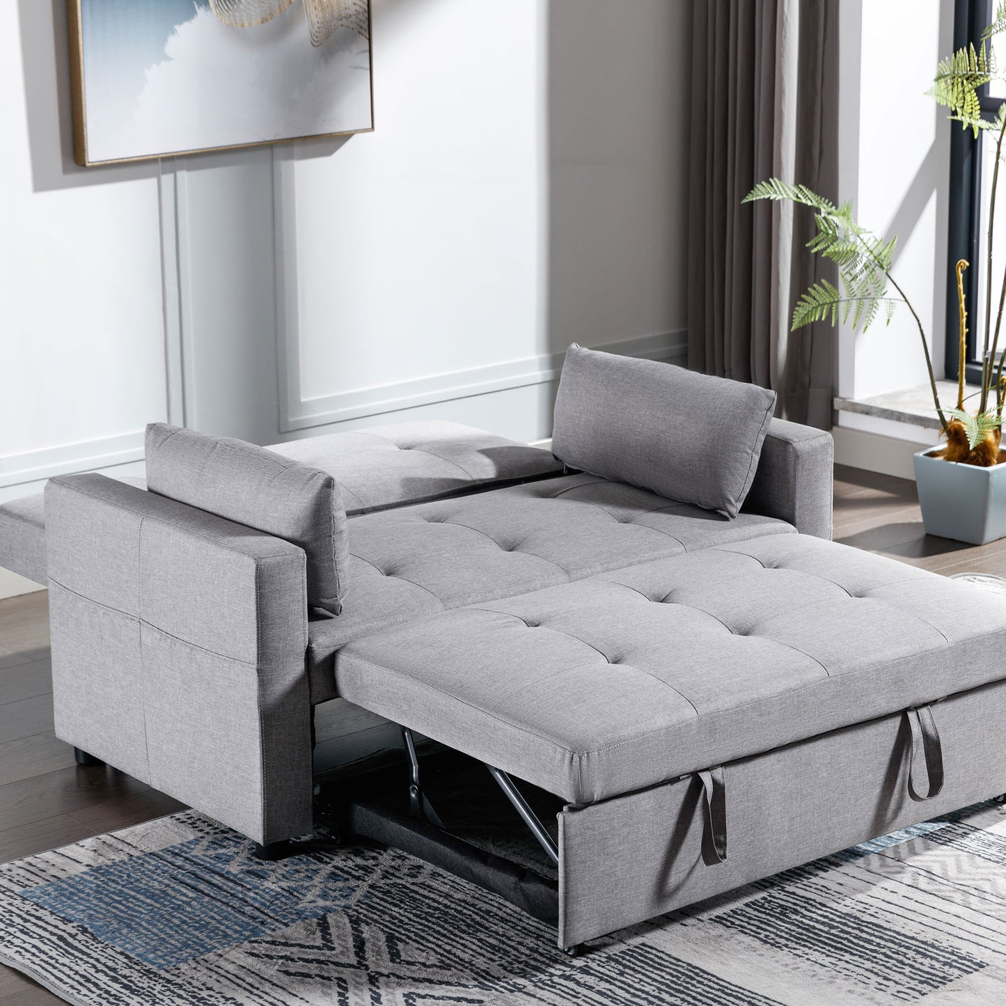 Sleeper Sofa Bed, Pull-Out Couch Bed Sleeper Sofas with Modern Linen Fabric 3-in-1 Convertible Sleeper Loveseat and Side Pocket, Futon Sofa Bed for Living Room Furniture, Light Grey