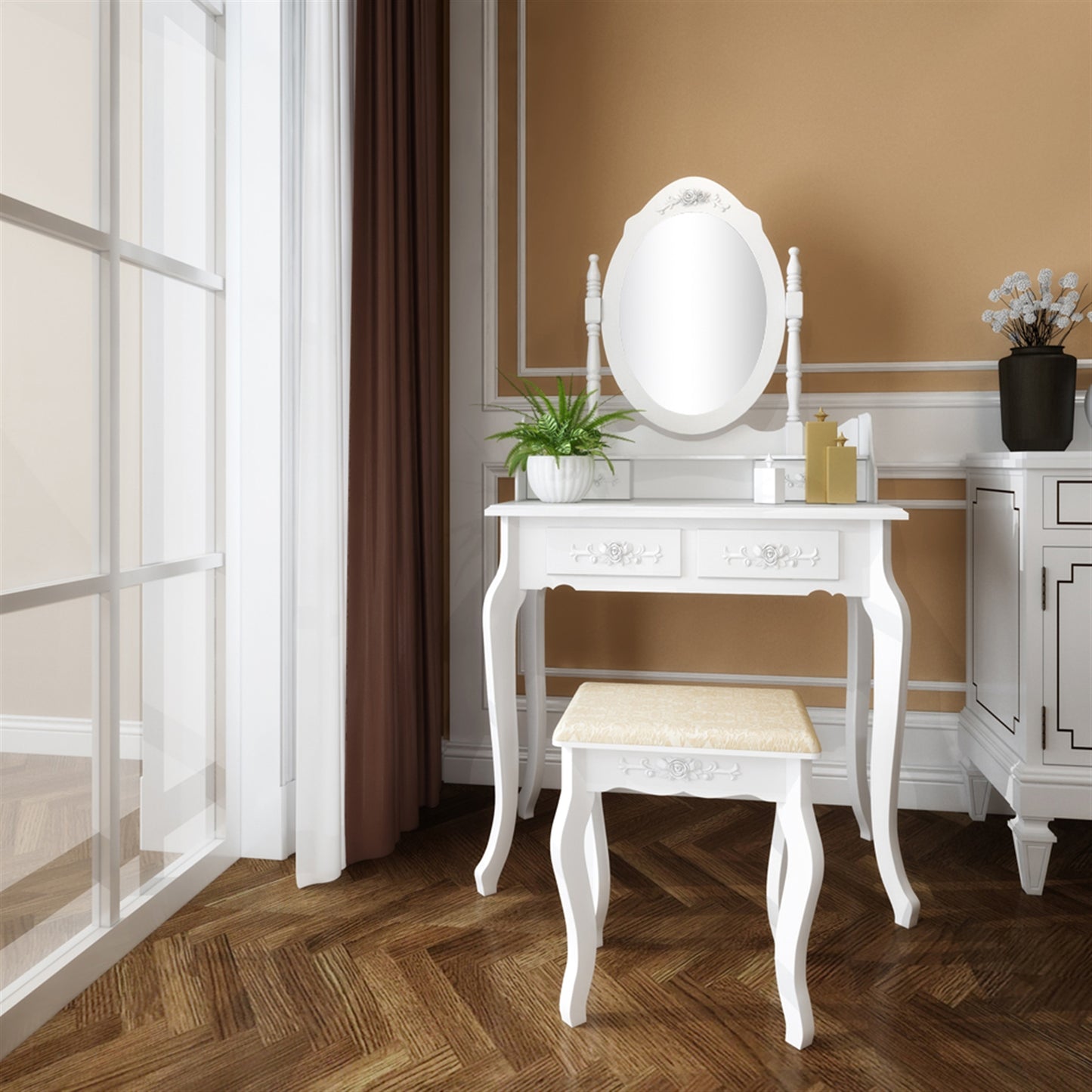 SESSLIFE Classic Vanity Desk with Stool and Mirror, White Dressing Table with 4 Drawers and Storage, Compact Makeup Vanity Desk for Small Space, Apartment, Bedroom