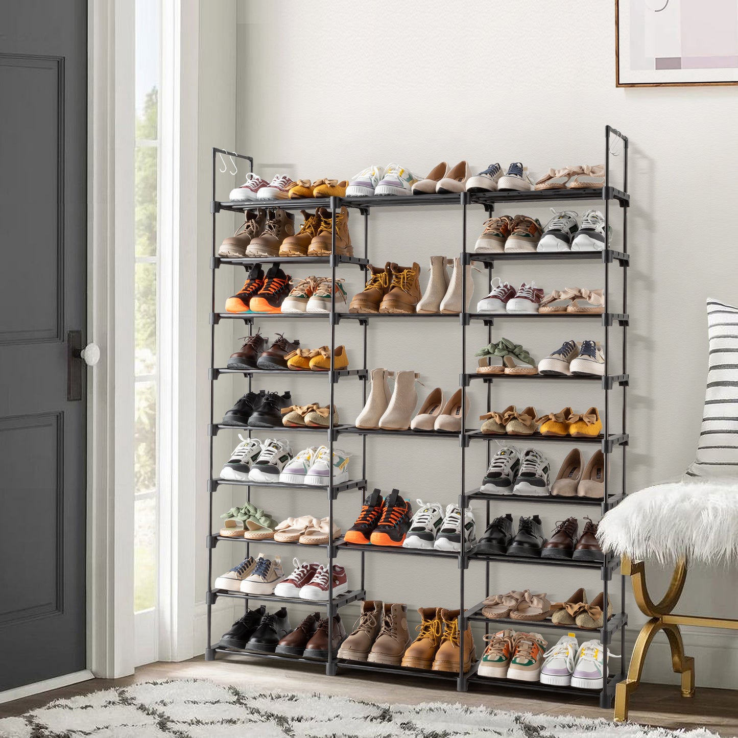 Sesslife 9 Tier Shoe Rack Organizer for Entryway 50-55 Pairs, DIY Stackable Shoe Rack for Closet Shoe Organizer with Sturdy Shelves and 4 Hooks, Metal Shoe Shelf Closet Organizer, Black