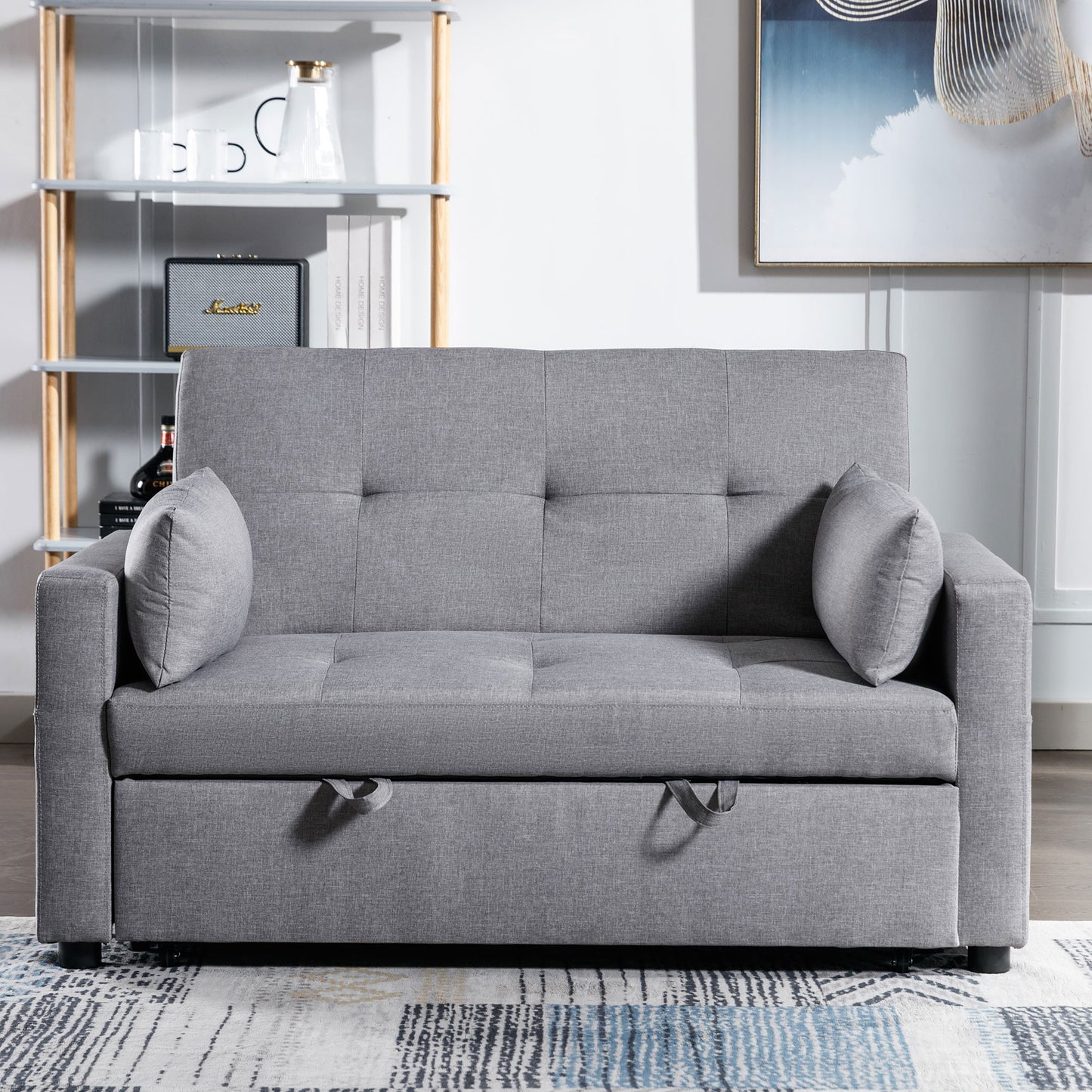 Sleeper Sofa Bed, Pull-Out Couch Bed Sleeper Sofas with Modern Linen Fabric 3-in-1 Convertible Sleeper Loveseat and Side Pocket, Futon Sofa Bed for Living Room Furniture, Light Grey