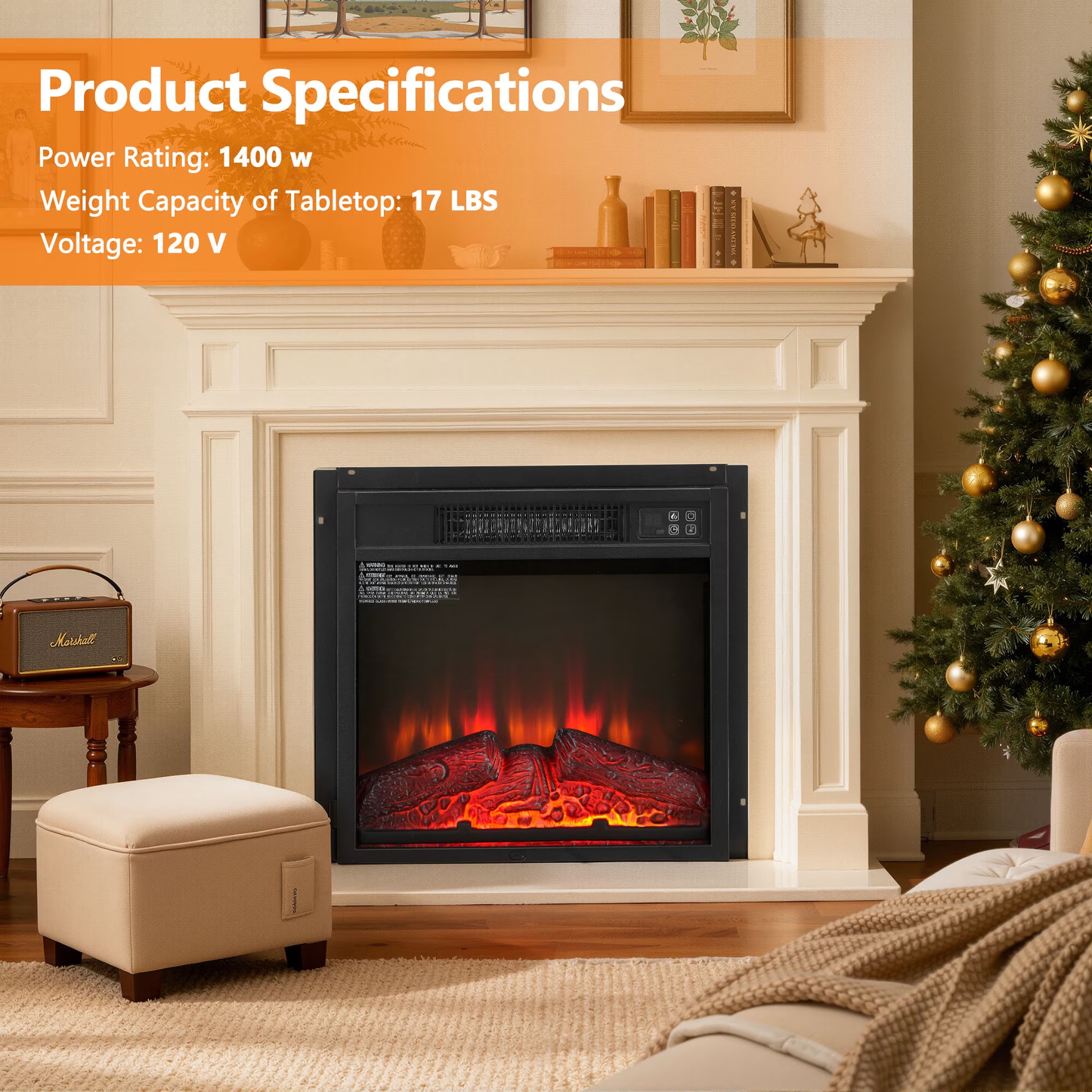18" Fireplace Heaters for Inside, 3D Electric Fireplace Insert, 1400W Fireplace Heater, Adjustable Flame and Low Noise, CSA Certification