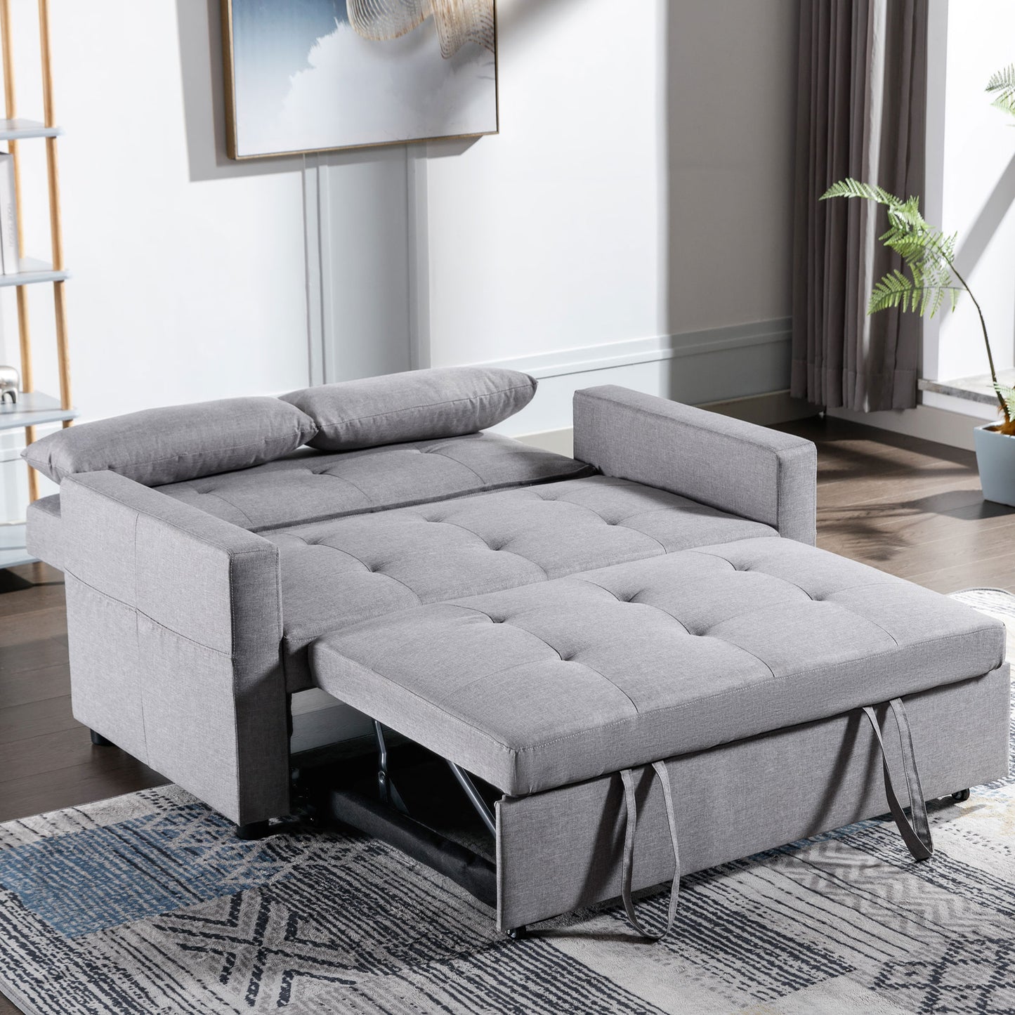 Sleeper Sofa Bed, Pull-Out Couch Bed Sleeper Sofas with Modern Linen Fabric 3-in-1 Convertible Sleeper Loveseat and Side Pocket, Futon Sofa Bed for Living Room Furniture, Light Grey