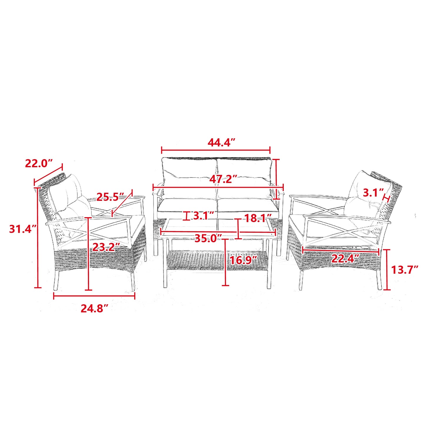 4 Pieces Patio Conversation Sofa Set, Outdoor Sectional Rattan Wicker Furniture w/4 Back & 4 Seat Cushions for Deck Porch Poolside, Gray