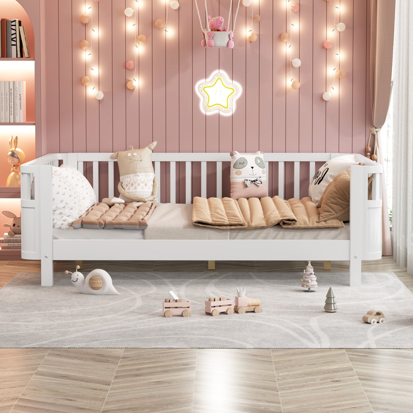 Sesslife Toddler Bed, Wood Twin Platform Bed Frame, Twin Size Bed Frame with Salts and Safety Fence for Boys Girls, Low Profile Bed Twin with Removable Guardrail, No Box Spring Needed, White