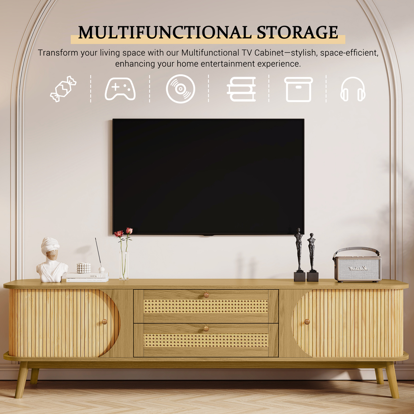 SESSLIFE TV Stand with 2 Rattan Drawers for TVs up to 75'', Farmhouse Media Console, Entertainment Center with Solid Wood Legs, TV Cabinet for Living Room, Natural+White