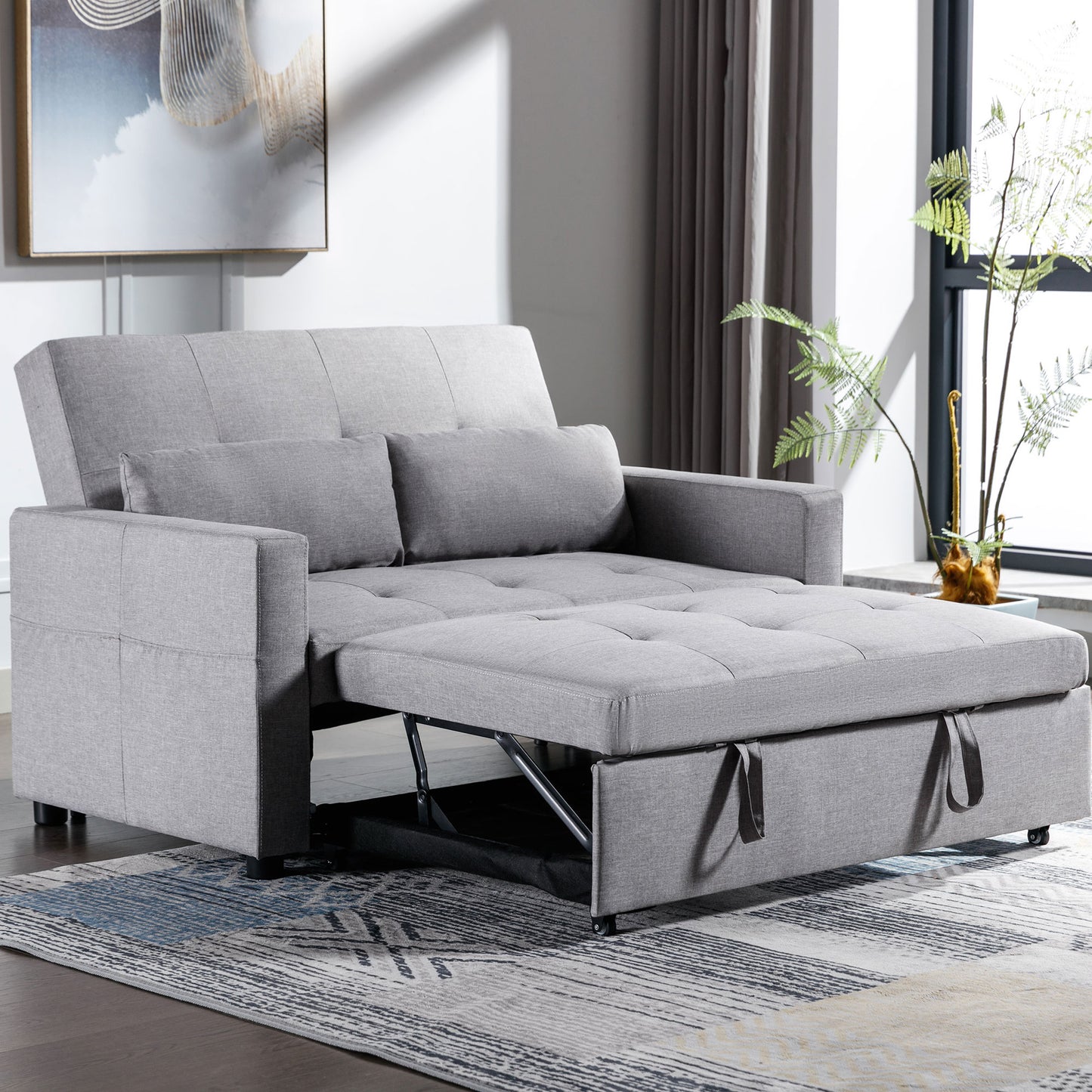 Sleeper Sofa Bed, Pull-Out Couch Bed Sleeper Sofas with Modern Linen Fabric 3-in-1 Convertible Sleeper Loveseat and Side Pocket, Futon Sofa Bed for Living Room Furniture, Light Grey