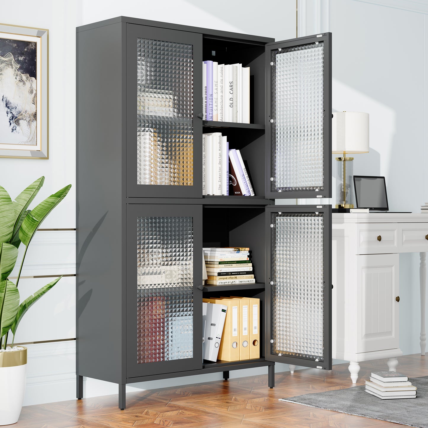 SESSLIFE 59” Classic Metal Storage Cabinet with Tempered Glass Doors and Adjustable Shelves, Freestanding Display Bookcase for Home Office, Living Room, Kitchen, Bedroom