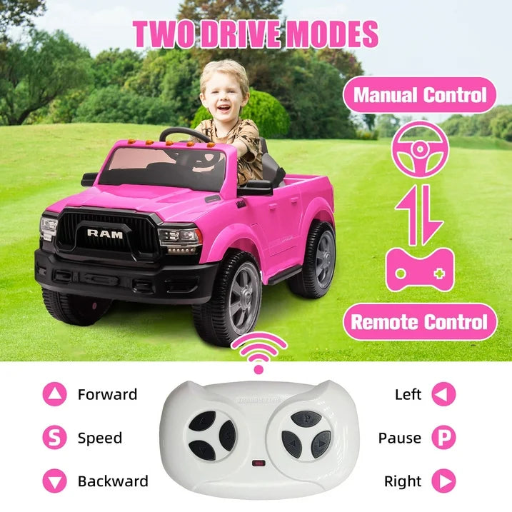 Ram Ride on Car Toys, 12V RAM 2500 Powered Ride on Toy Truck with Remote Control, Electric Car for Kids Girls 3-5 w/ Bluetooth, Rear Storage Trunk, Safety Belt, Rear Wheel Suspension, Pink