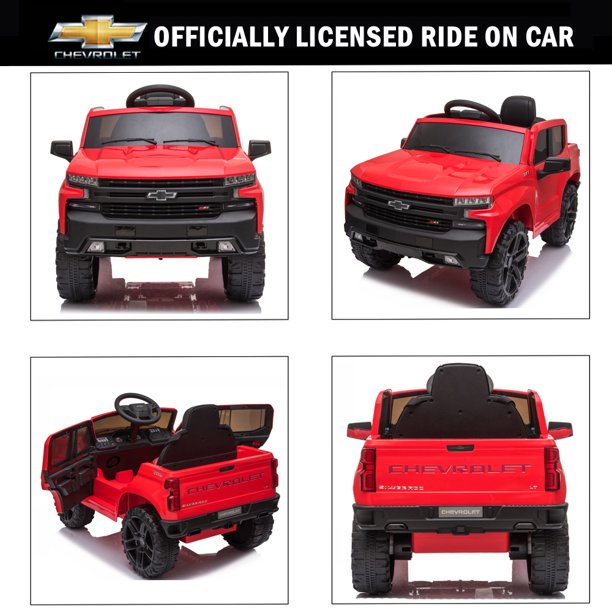 Kids Ride on Car, Chevrolet Silverado 12V Ride on Toy with Remote Control, 4 Wheels Suspension, Safety Belt, Electric Car with MP3 Player, LED Lights, Red, X462