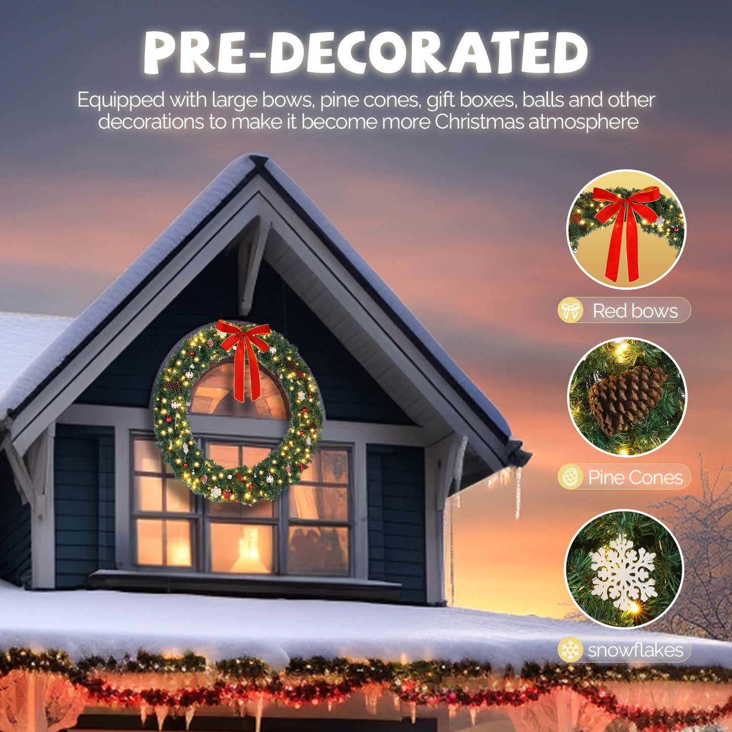 48inch Pre-Lit Christmas Wreath, SESSLIFE Large Outdoor Christmas Wreath with LED Lights, Large Bow and Remote Control, Full Outdoor Wreath for Front Door, Gate, Green