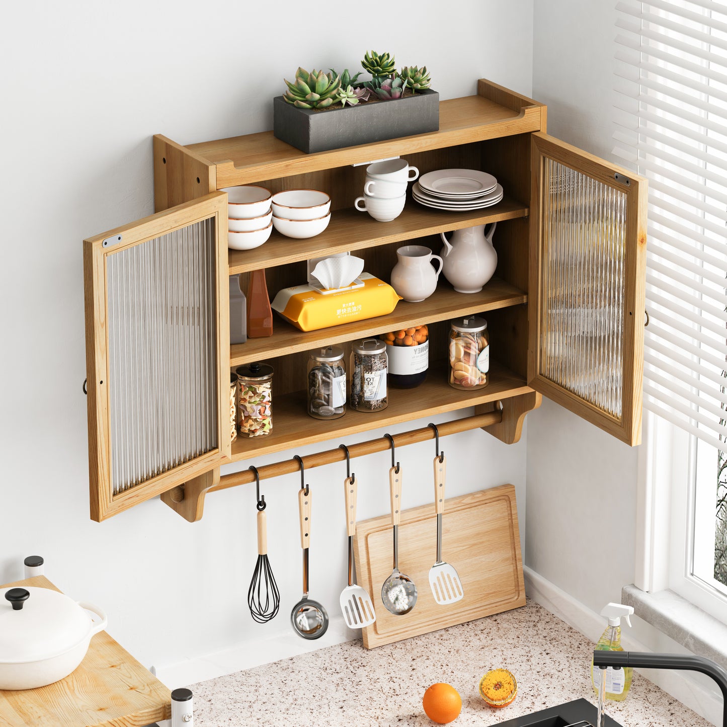 SESSLIFE 3-Tier Wall-Mounted with Fluted Glass Doors, 24.8" Rustic Storage Cabinet for Bathroom, Kitchen, Dining Room, Adjustable Shelves and Towel Rack, Natural Color