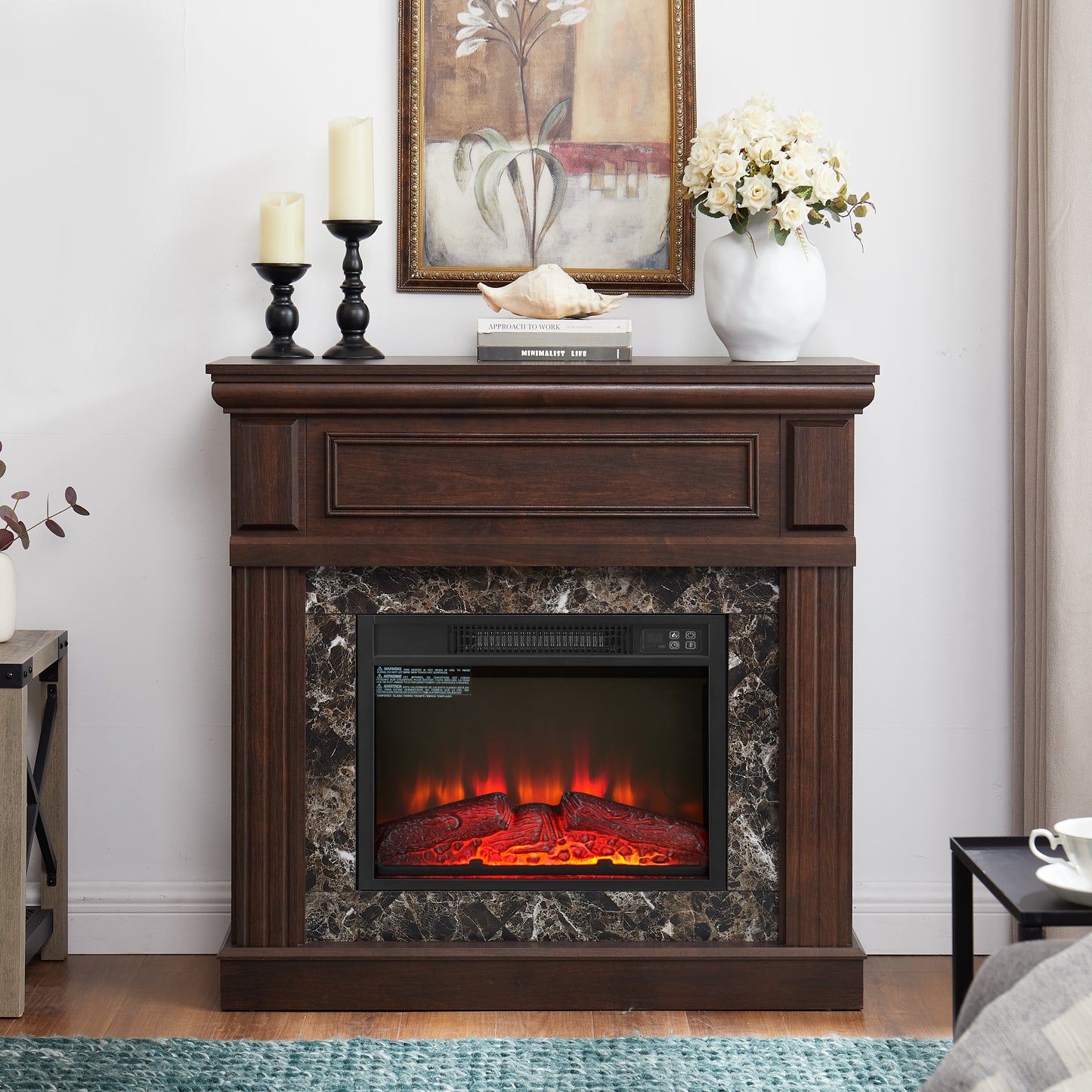 SESSLIFE 41" Electric Fireplace Heater with Mantel, Freestanding Design with 3D Adjustable Flame, Remote Control, Compact for Indoor Use, Cherry Finish, Heats Up to 400 Sq Ft