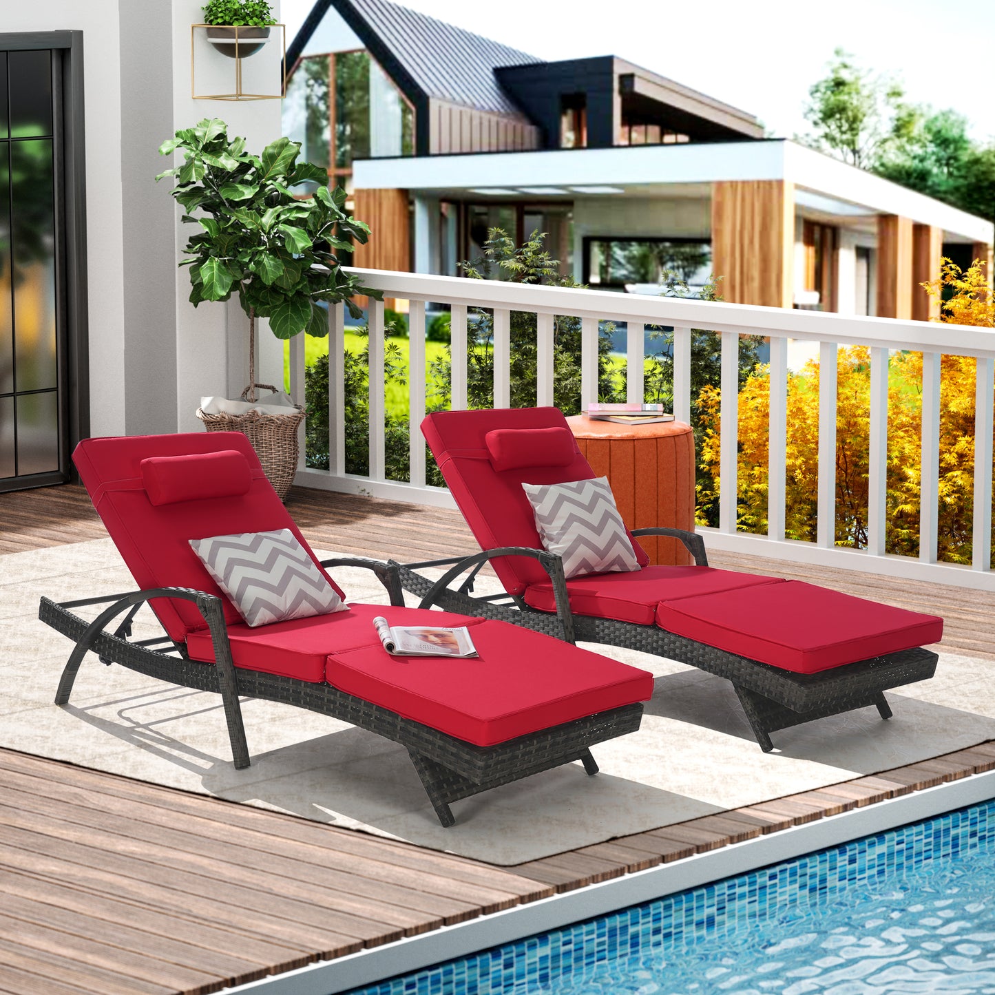 Outdoor Chaise Lounge Chair Set of 2, Rattan Patio Chaise Lounge Chair with Cushion and Arms, Modern 5-Positions Adjustable Outdoor Lounger Recliner for Poolside, Garden, Backyard, Light Gray