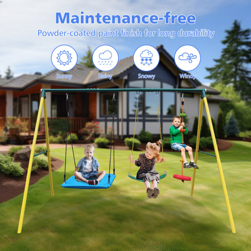 Metal Swing Set for Outside, Kids Backyard Swing Set with Swing Chair, Glider, Ground Nail, 3 In 1 Outdoor Swing Set
