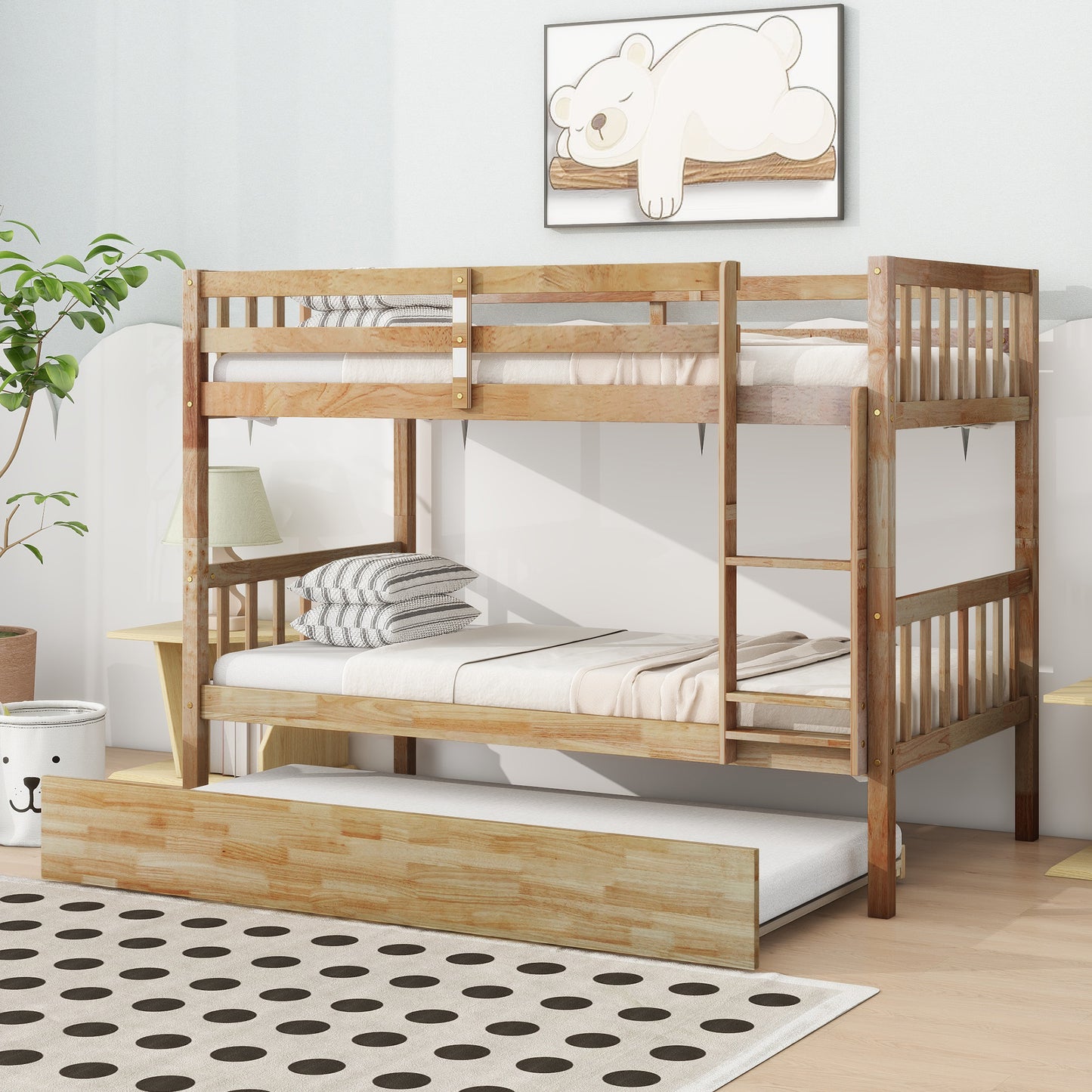 Sesslife Twin Over Twin Bunk Bed with Trundle, Wood Twin Over Twin Convertible Bunk Bed with Guardrails, Ladder, Bunk Bed for Kids, Dorm, Bedroom, White