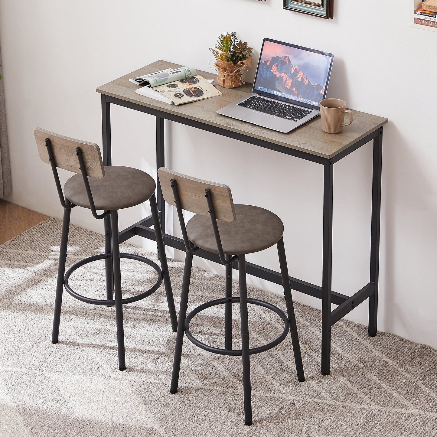 Bar Table Set for 2, Sesslife Round Wood Dining Table Set with Chairs, Counter Height Bistro Dining Table and Upholstered Stools, for Dining Room, Kitchen, Coffee Bar, Gray