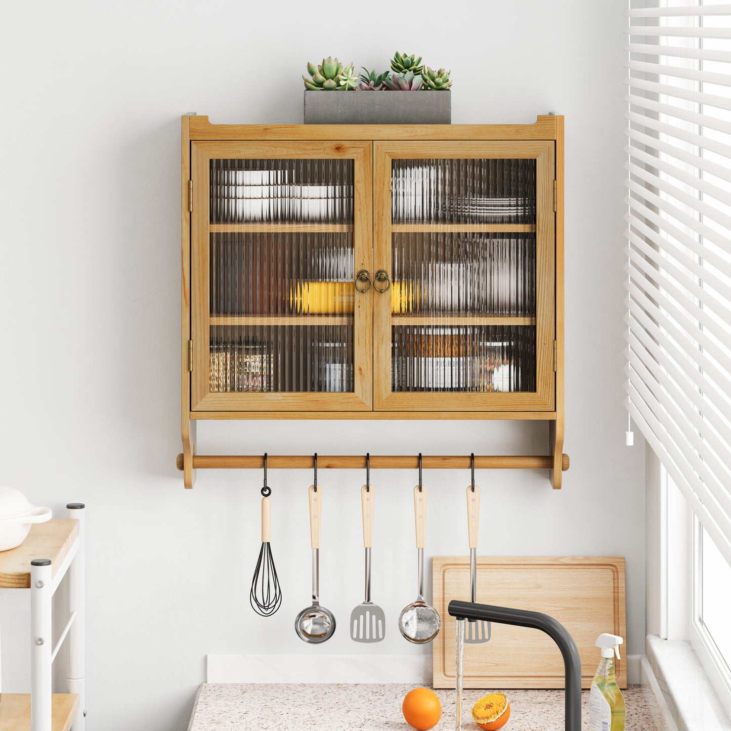 SESSLIFE 3-Tier Wall-Mounted with Fluted Glass Doors, 24.8" Rustic Storage Cabinet for Bathroom, Kitchen, Dining Room, Adjustable Shelves and Towel Rack, Natural Color