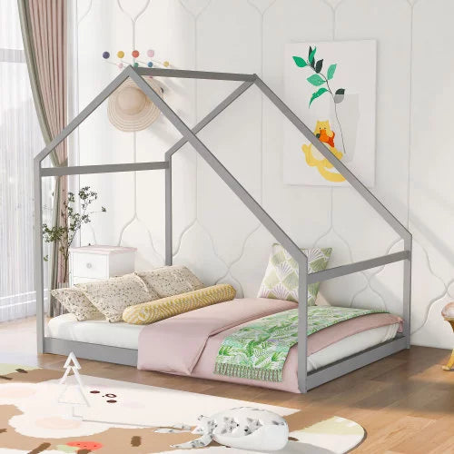 Sesslife Twin House Bed with Roof, Kids Floor House Bed Frame, Box Spring Needed, Easy Assembly, White