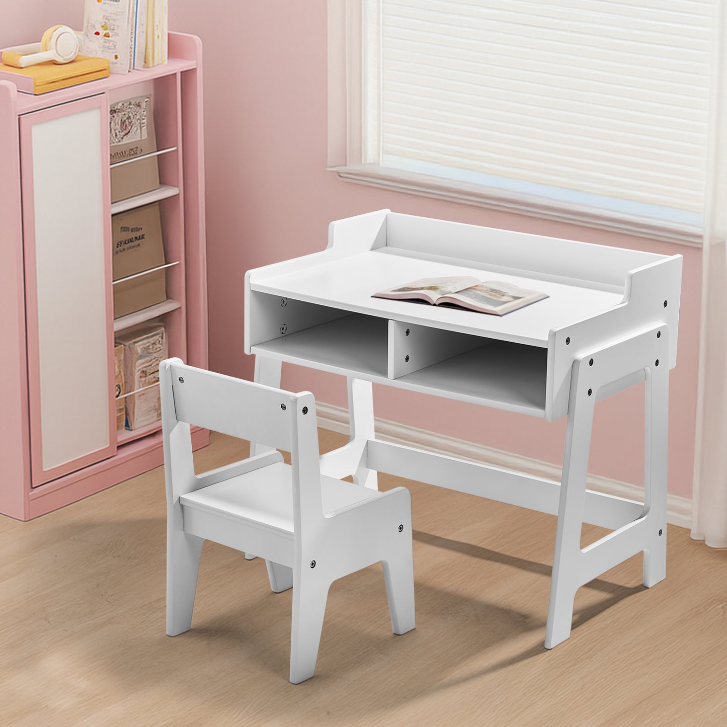 SESSLIFE Study Desk and Chair Set, Compact White Learning Table with Storage Cubby, Safe Rounded Edge Design, Space-Saving Furniture for Home, Pink