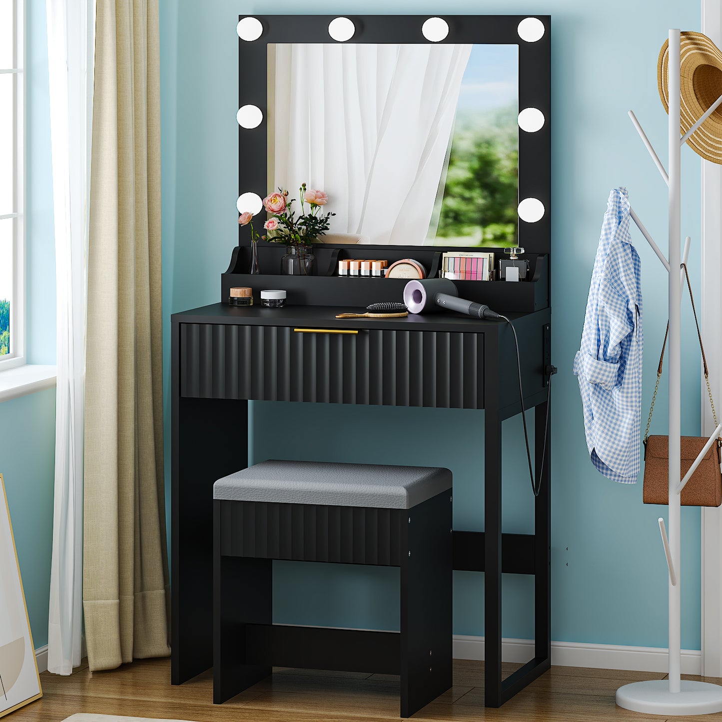 SESSLIFE Makeup Vanity Table Set with Mirror and Lights, 3-Color LED Lighting, Power Strip, Drawer & 3 Compartments, Modern Grille Design Compact Dressing Table for Bedroom, White