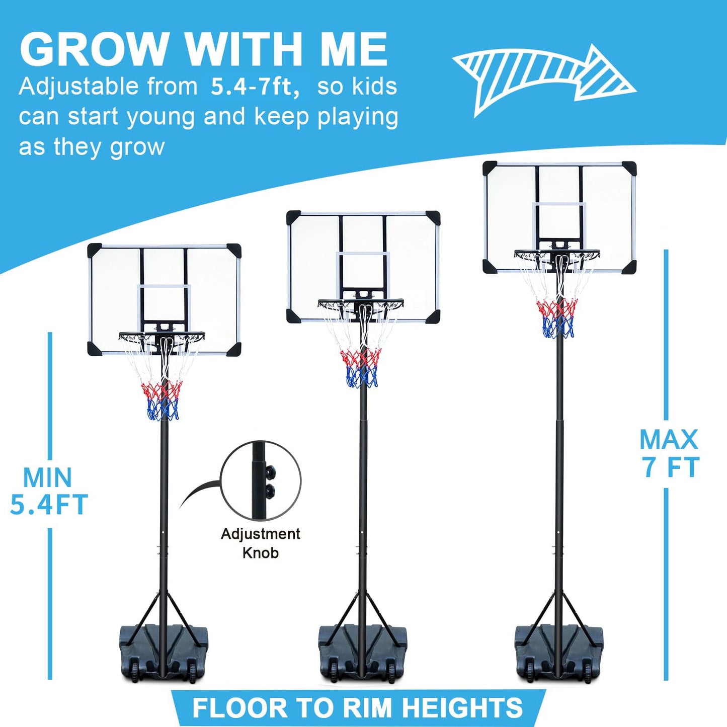 5.4ft-7ft Height Adjustable Basketball Goal, Kids Youth Teenager Portable Basketball Hoop Court, Removeable Basketball System, TE3090
