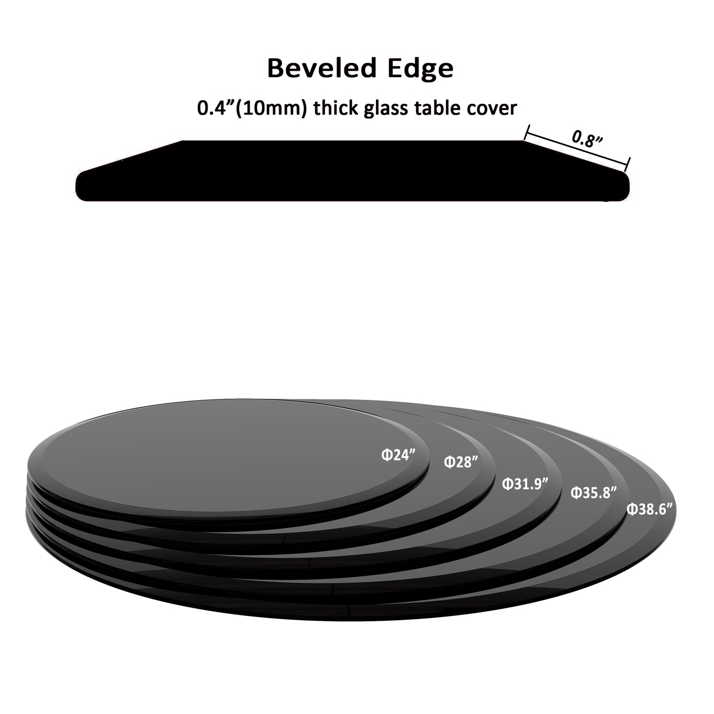 SESSLIFE 24 Inch Round Tempered Glass Table Top, Black Glass 2/5 Inch Thick Beveled Polished Edge with Polished Edge for Dining Table, Patio, Coffee Table, Replacement Glass Top