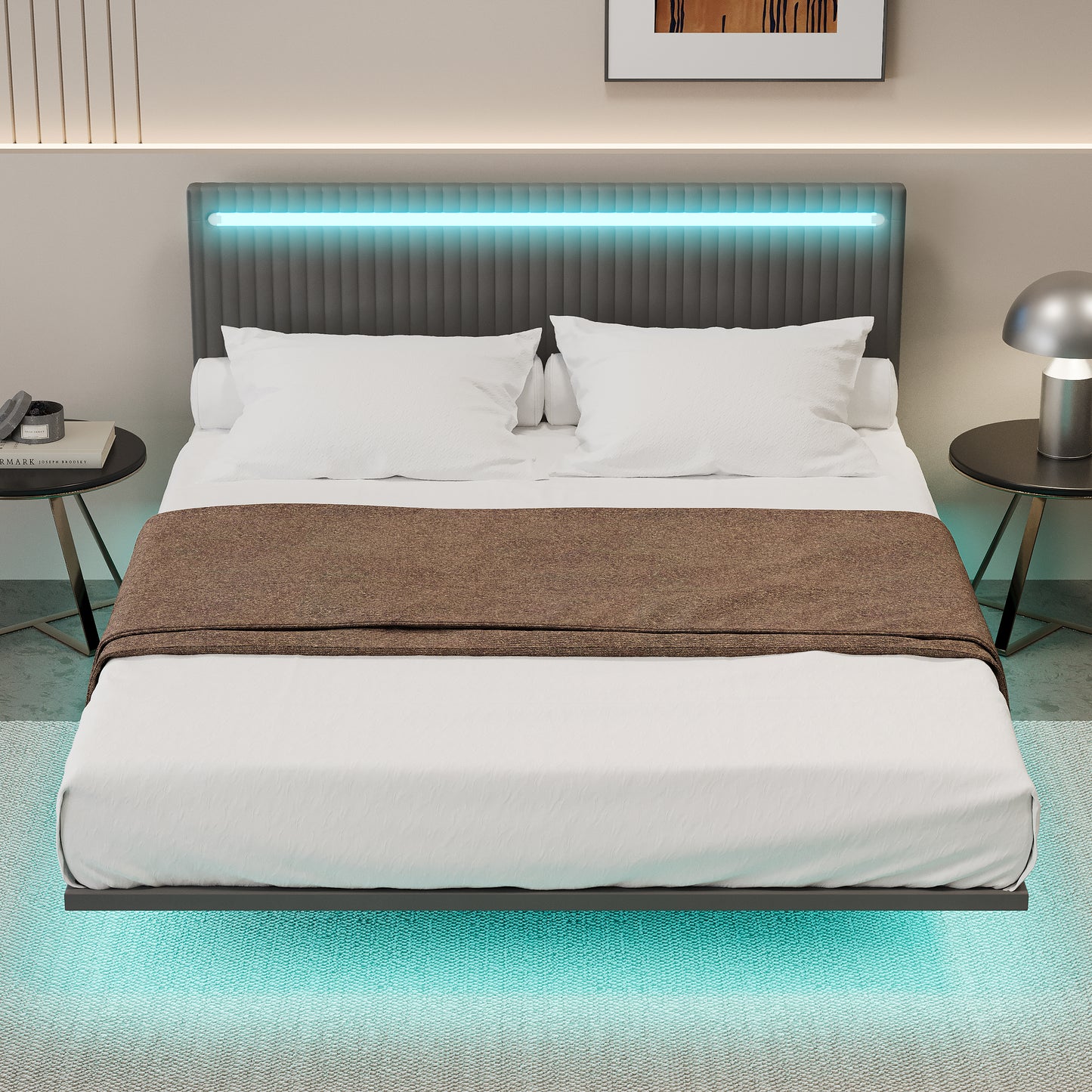 Queen Floating Bed Frame, Upholstered Velvet Platform Bed Frame with Adjustable Headboard, RGB LED Lights, Modern Queen Bed Frame with Underbed Sensor Lights, No Box Spring Needed, Beige