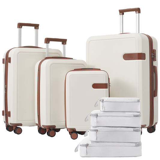 4-Piece Hardside Luggage Sets, ABS Suitcase Set with Compression Packing Cubes, Modern Lightweight Suitcase with Expandable Spinner Wheels, TSA Lock, 16/20/24/28 Inch, Brown/White