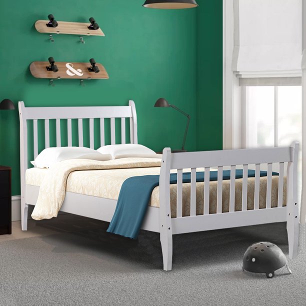 Twin Bed Frame No Box Spring Needed, Sesslife Wood Bed Frame with Headboard and Footboard, Pine Wood Construction, Twin Size Platform Bed Frame for Boys Girls, Easy to Assemble, White