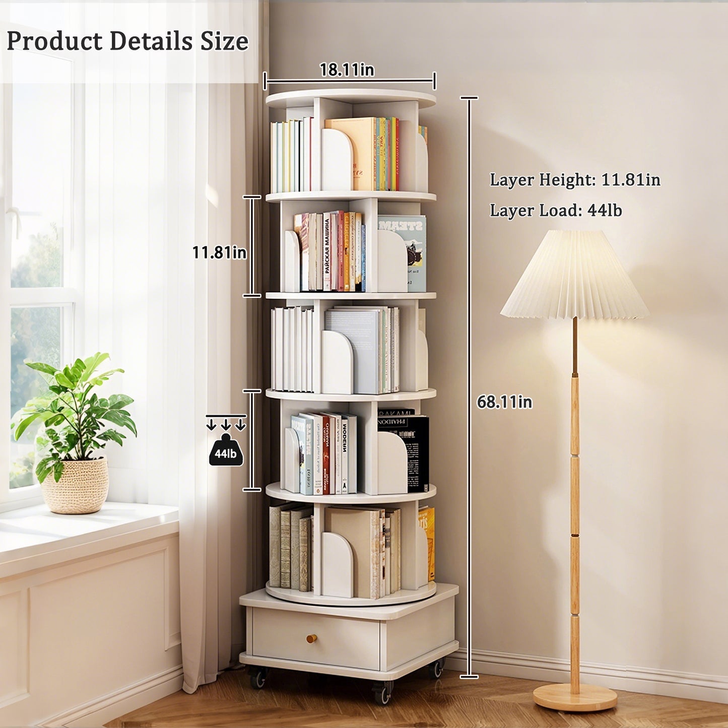 SESSLIFE 6 Tier Rotating Bookshelf Tower with Wheels and Drawer, 360° Spinning Bookcase for Small Spaces, Vertical Round Storage Shelf for Bedroom Living Room Office, White