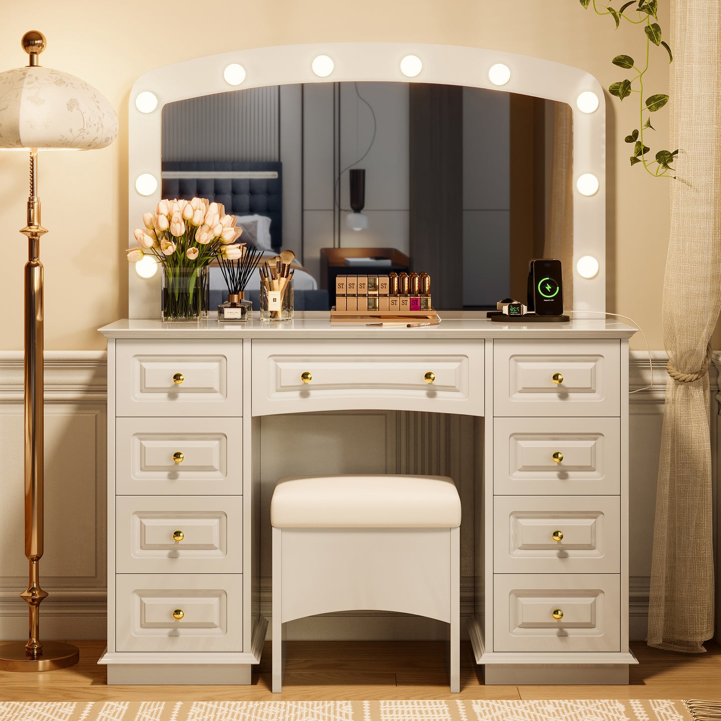 SESSLIFE Professional Makeup Vanity Desk with 10 Hollywood Lights and 9 Drawers, Vanity Table Set with Charging Station, Power Outlet/USB, Mirror and Upholstered Stool for Bedroom, White